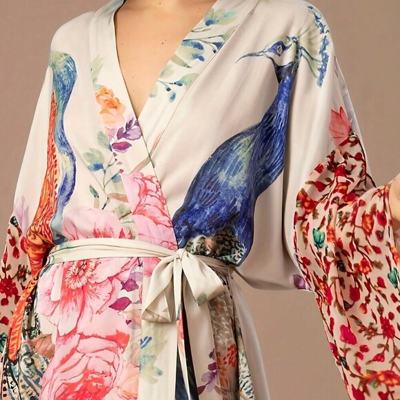 Women's Printed Beach Smock Peacock Pattern Printed Belt kimono robe - Picture 5 of 6